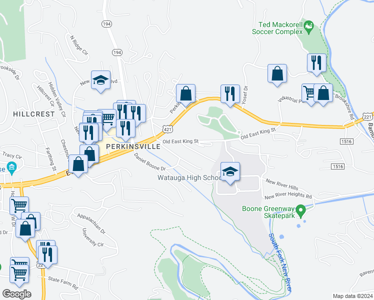 map of restaurants, bars, coffee shops, grocery stores, and more near 150 Spruce Street in Boone