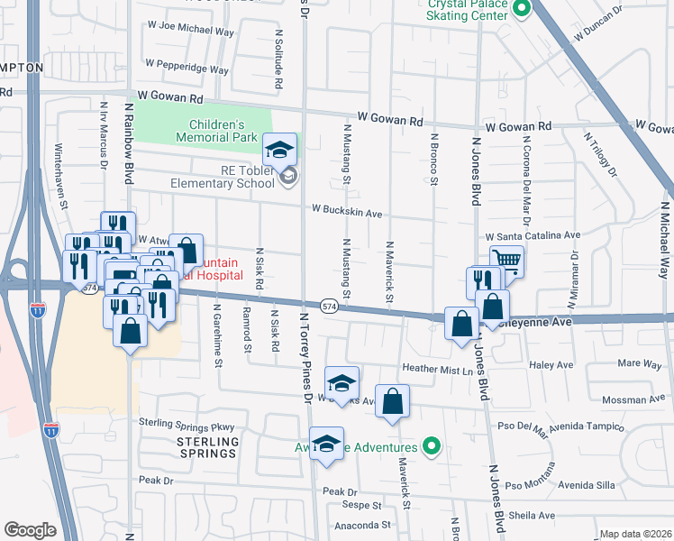 map of restaurants, bars, coffee shops, grocery stores, and more near 3265 Mustang Street in Las Vegas