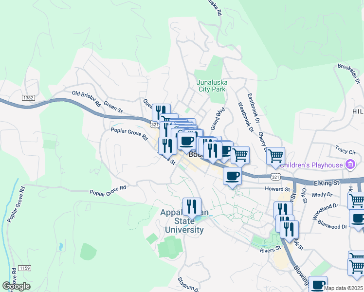 map of restaurants, bars, coffee shops, grocery stores, and more near 679 West King Street in Boone