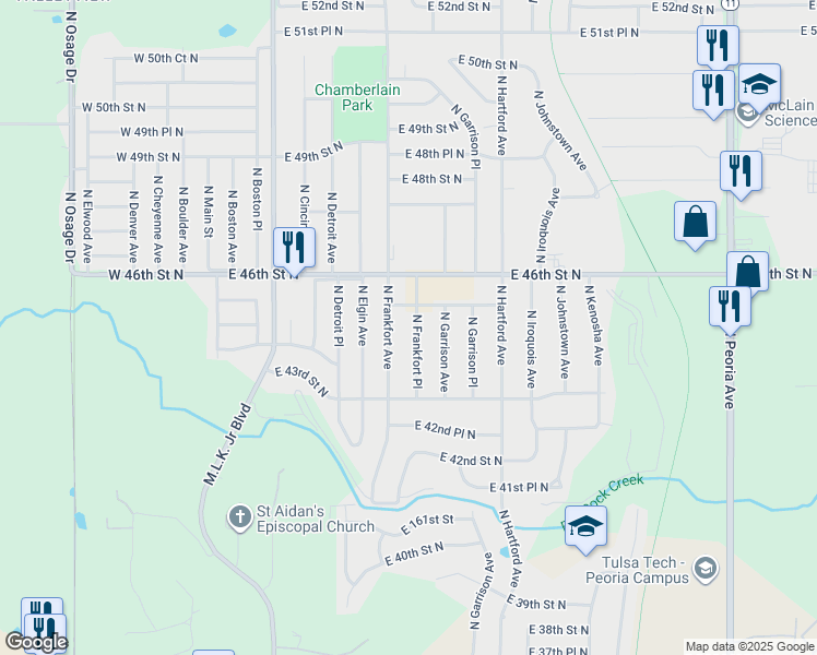 map of restaurants, bars, coffee shops, grocery stores, and more near 4370 North Frankfort Place in Tulsa