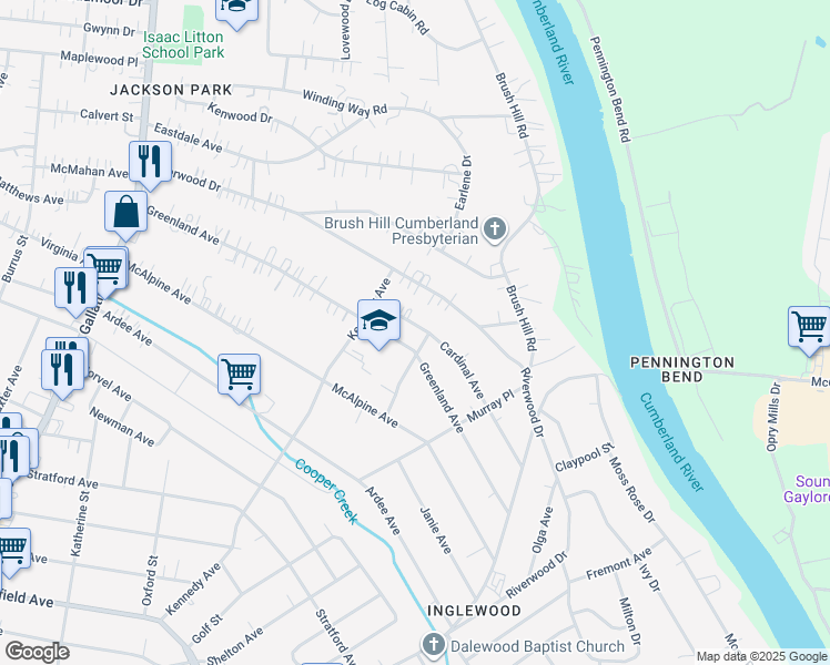 map of restaurants, bars, coffee shops, grocery stores, and more near 1318 Cardinal Avenue in Nashville