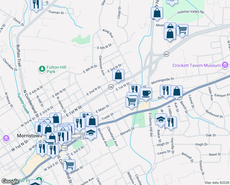 map of restaurants, bars, coffee shops, grocery stores, and more near 1004 East 1st North Street in Morristown