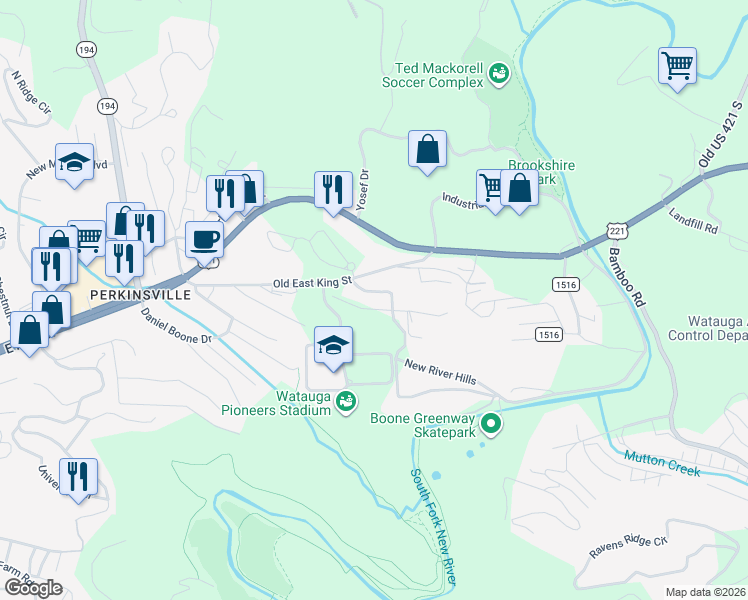 map of restaurants, bars, coffee shops, grocery stores, and more near 173 Cecil Miller Road in Boone