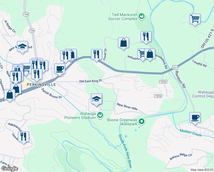 map of restaurants, bars, coffee shops, grocery stores, and more near 188 Cecil Miller Road in Boone