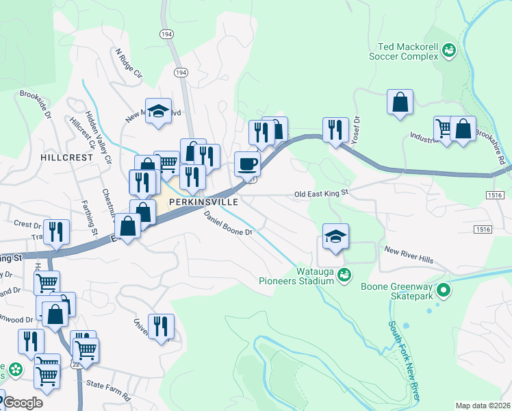 map of restaurants, bars, coffee shops, grocery stores, and more near 118 Spruce Street in Boone
