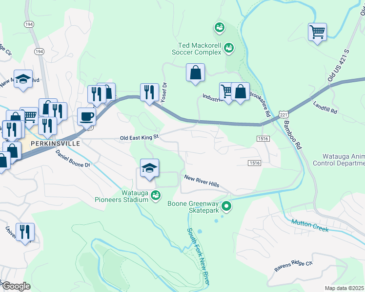 map of restaurants, bars, coffee shops, grocery stores, and more near 225 Cecil Miller Road in Boone
