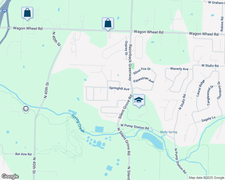 map of restaurants, bars, coffee shops, grocery stores, and more near 3796 Shady Canyon Cove in Springdale