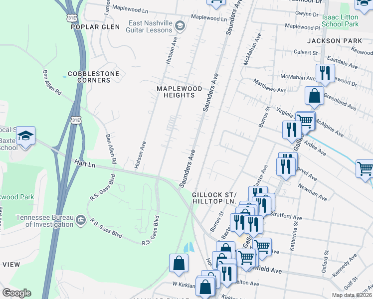 map of restaurants, bars, coffee shops, grocery stores, and more near 3828 Saunders Avenue in Nashville