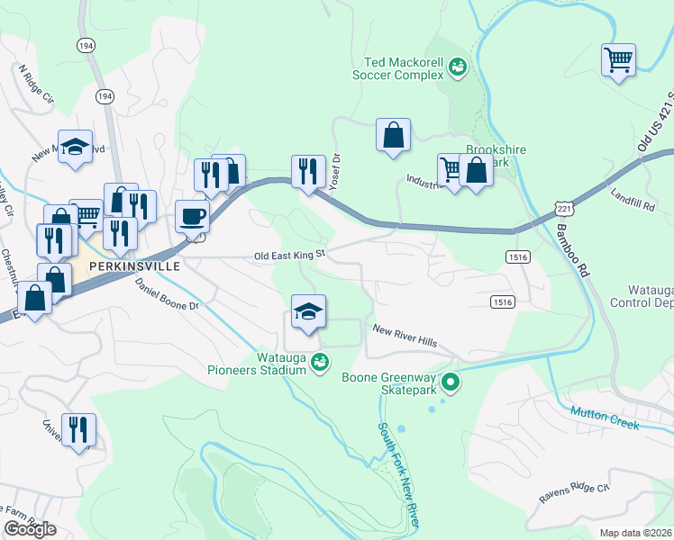 map of restaurants, bars, coffee shops, grocery stores, and more near 173 Cecil Miller Road in Boone