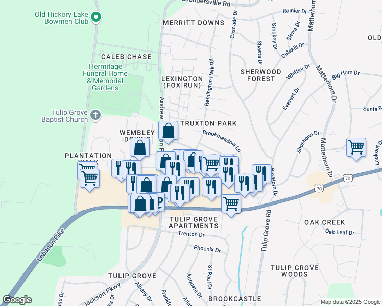map of restaurants, bars, coffee shops, grocery stores, and more near 500 Griffin Circle in Nashville