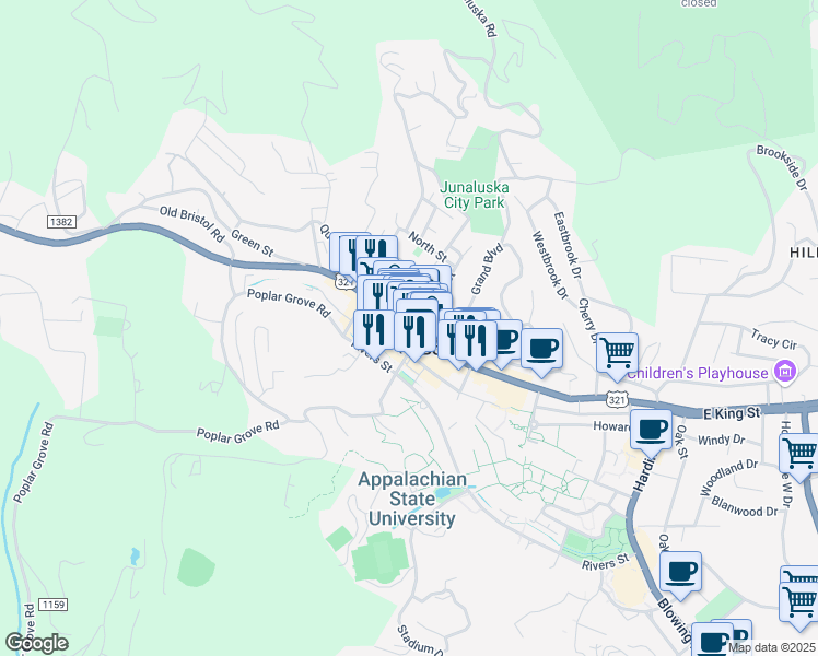 map of restaurants, bars, coffee shops, grocery stores, and more near 679 West King Street in Boone