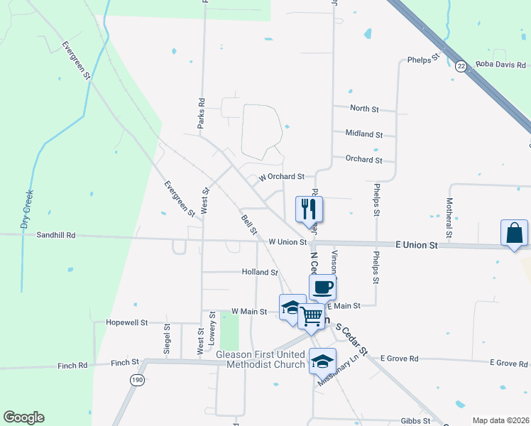 map of restaurants, bars, coffee shops, grocery stores, and more near 101 Bell Street in Gleason
