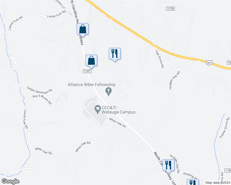 map of restaurants, bars, coffee shops, grocery stores, and more near 672 George Wilson Road in Boone