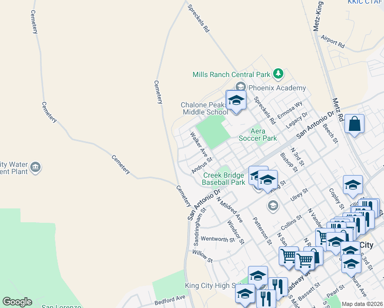map of restaurants, bars, coffee shops, grocery stores, and more near 616 Brumwell Street in King City