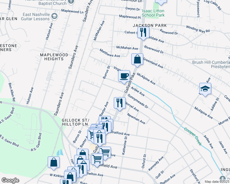 map of restaurants, bars, coffee shops, grocery stores, and more near 3929 Baxter Avenue in Nashville