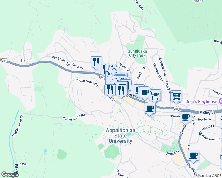 map of restaurants, bars, coffee shops, grocery stores, and more near 161 Howard Street in Boone