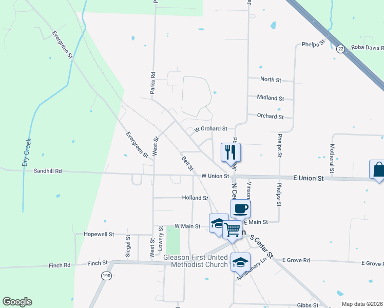 map of restaurants, bars, coffee shops, grocery stores, and more near 101 Bell St in Gleason