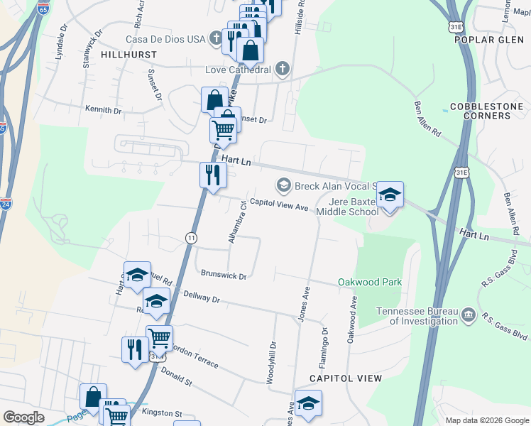 map of restaurants, bars, coffee shops, grocery stores, and more near 212 Capitol View Avenue in Nashville