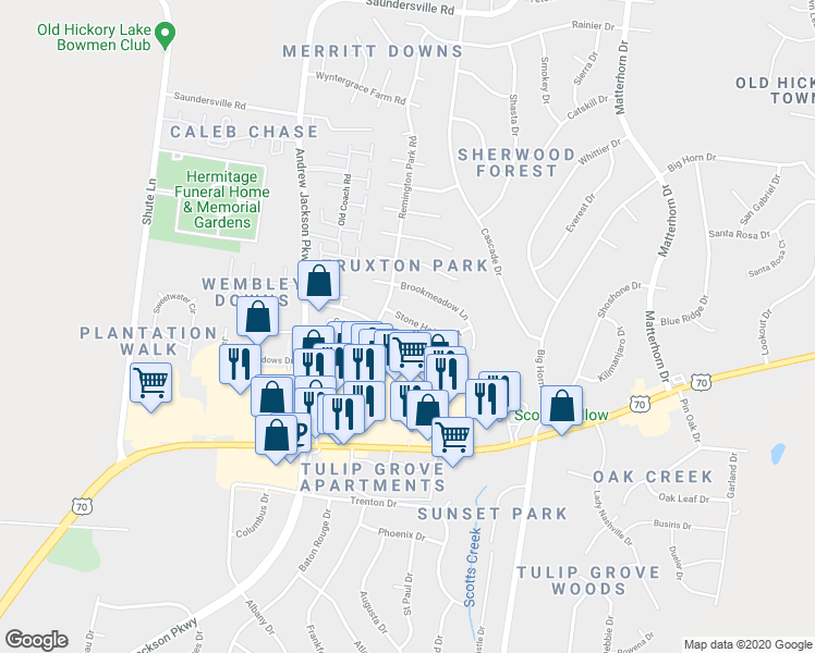 map of restaurants, bars, coffee shops, grocery stores, and more near 1720 Stone Hollow Court in Nashville