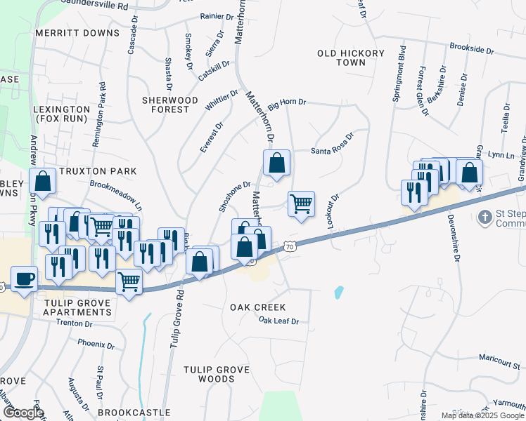map of restaurants, bars, coffee shops, grocery stores, and more near 208 Blue Ridge Drive in Green Hill