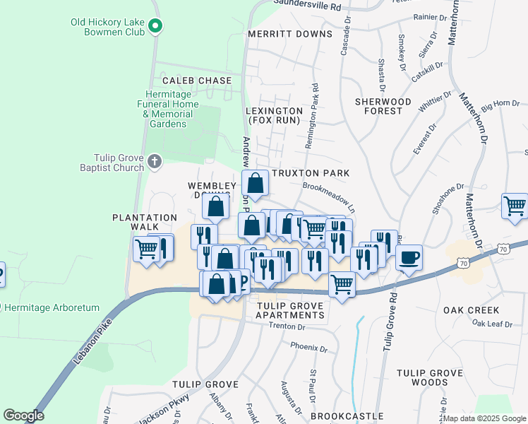 map of restaurants, bars, coffee shops, grocery stores, and more near 529 Griffin Circle in Nashville