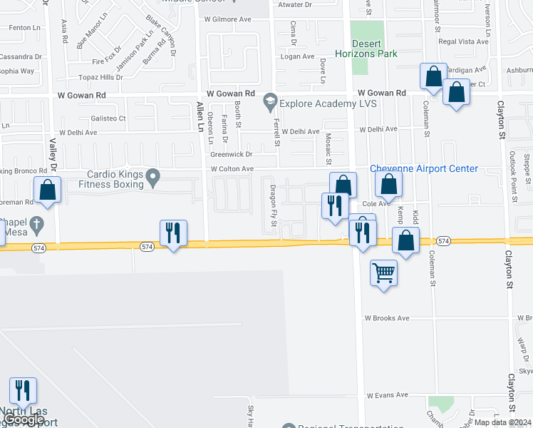 map of restaurants, bars, coffee shops, grocery stores, and more near 3268 Cheyenne Gardens Way in North Las Vegas