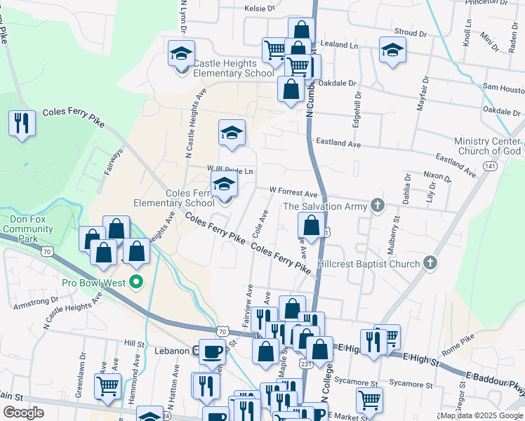 map of restaurants, bars, coffee shops, grocery stores, and more near 720 Cole Avenue in Lebanon