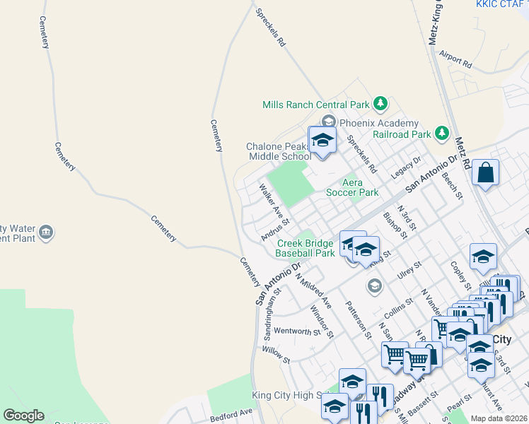 map of restaurants, bars, coffee shops, grocery stores, and more near 614 Brumwell Street in King City