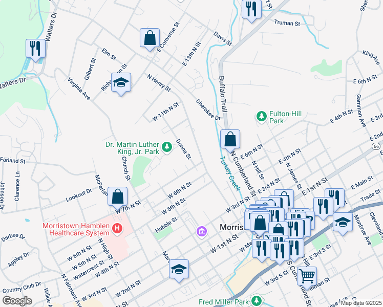 map of restaurants, bars, coffee shops, grocery stores, and more near 822 Donna Street in Morristown
