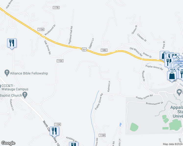 map of restaurants, bars, coffee shops, grocery stores, and more near 247 Valley Stran Drive in Boone