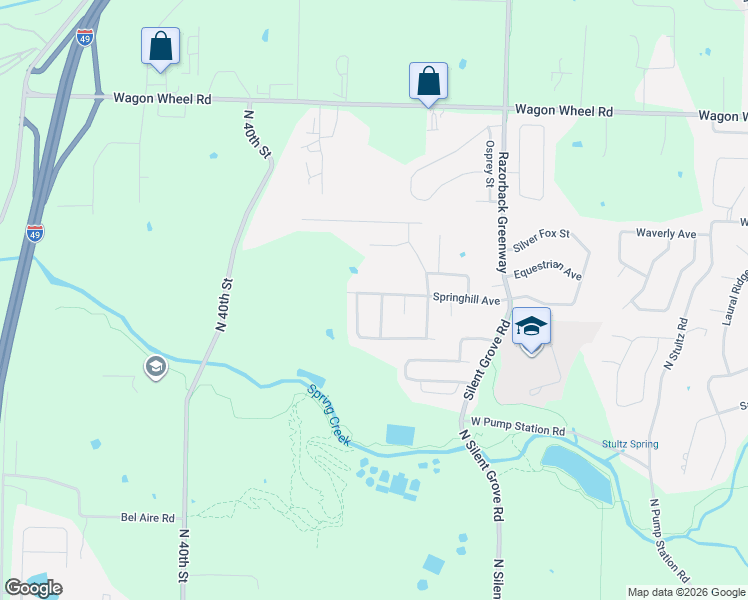 map of restaurants, bars, coffee shops, grocery stores, and more near 3794 Rock Springs Street in Springdale