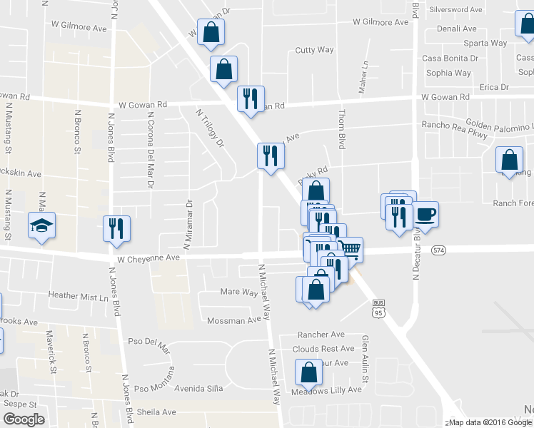 map of restaurants, bars, coffee shops, grocery stores, and more near 3236 North Michael Way in Las Vegas