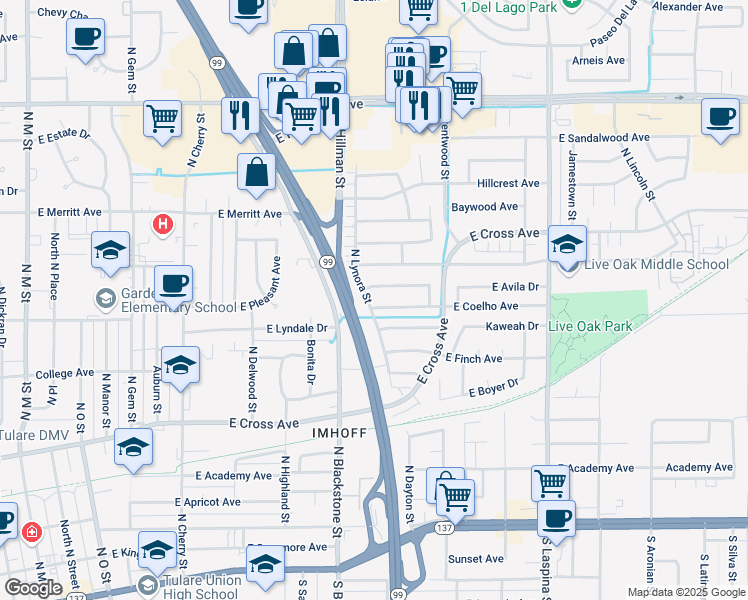 map of restaurants, bars, coffee shops, grocery stores, and more near 1300 East Coelho Avenue in Tulare