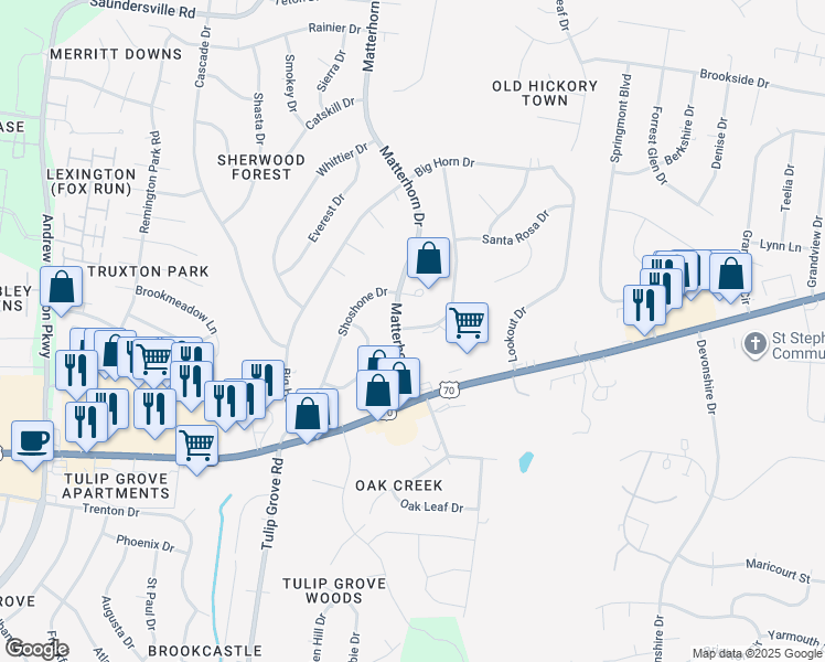 map of restaurants, bars, coffee shops, grocery stores, and more near 208 Blue Ridge Drive in Green Hill