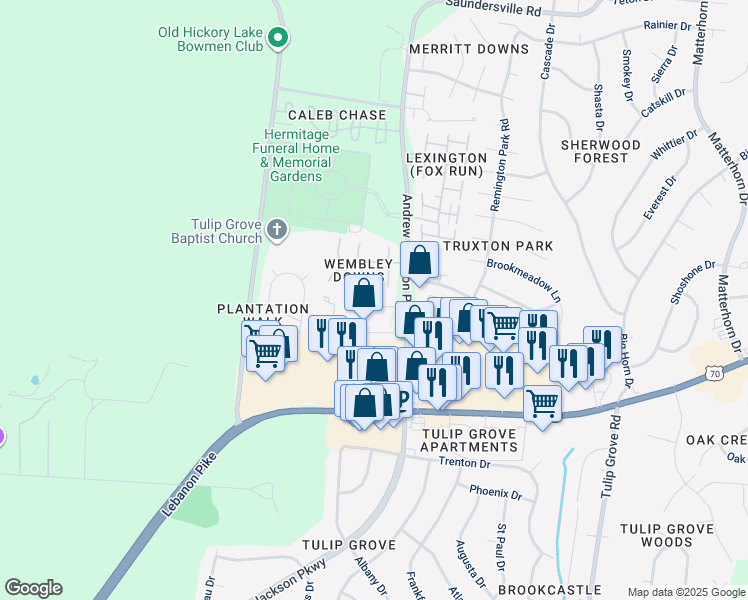 map of restaurants, bars, coffee shops, grocery stores, and more near 136 General Jackson Lane in Nashville