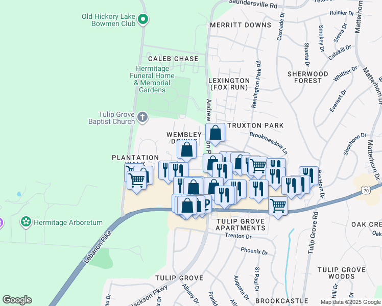 map of restaurants, bars, coffee shops, grocery stores, and more near 136 General Jackson Lane in Nashville