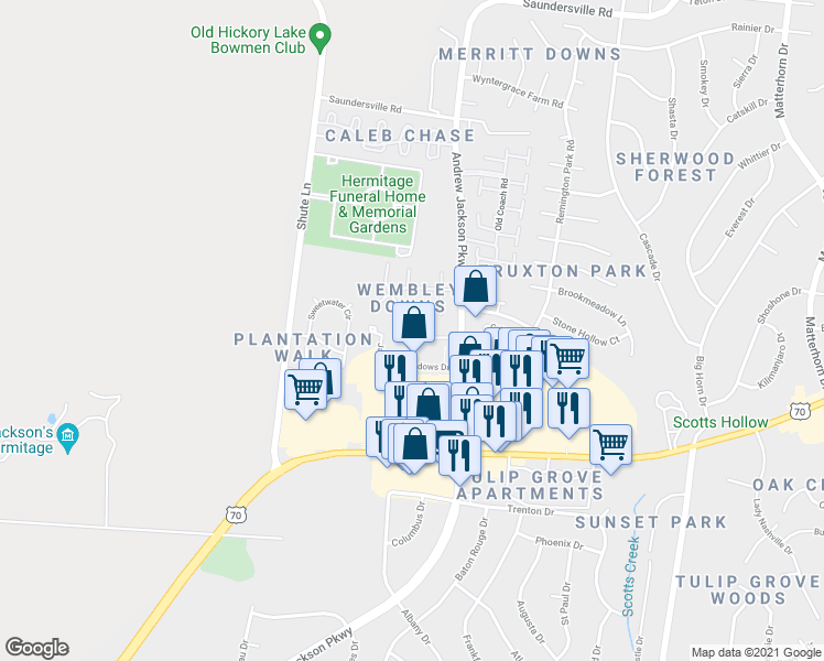 map of restaurants, bars, coffee shops, grocery stores, and more near 136 General Jackson Ln in Nashville