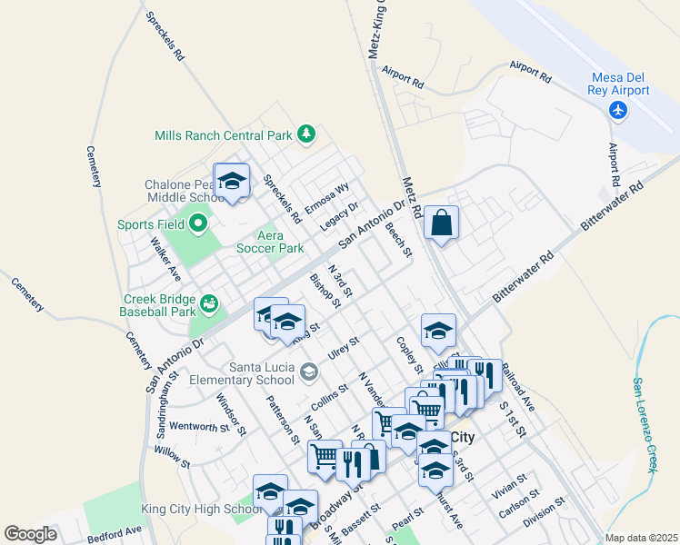 map of restaurants, bars, coffee shops, grocery stores, and more near 636 North 3rd Street in King City