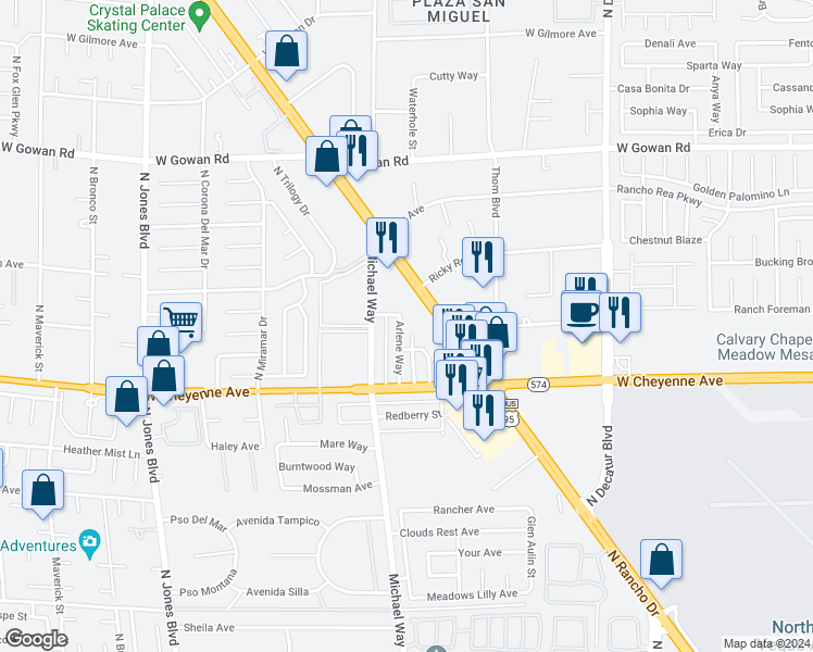 map of restaurants, bars, coffee shops, grocery stores, and more near 3240 Arlene Way in Las Vegas