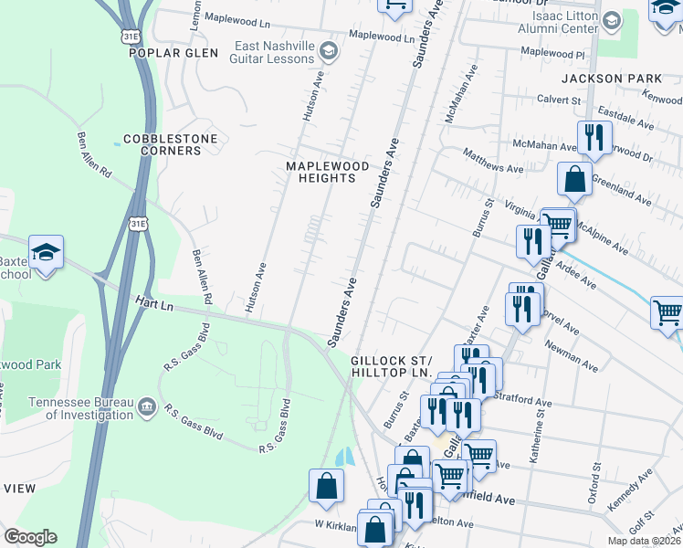 map of restaurants, bars, coffee shops, grocery stores, and more near 3828 Saunders Avenue in Nashville