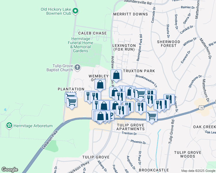 map of restaurants, bars, coffee shops, grocery stores, and more near 108 General Jackson Lane in Nashville