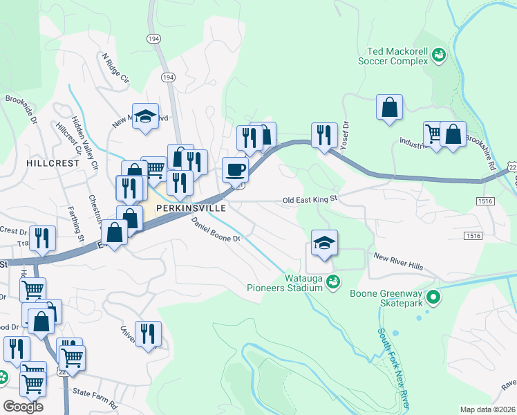 map of restaurants, bars, coffee shops, grocery stores, and more near 118 Spruce Street in Boone