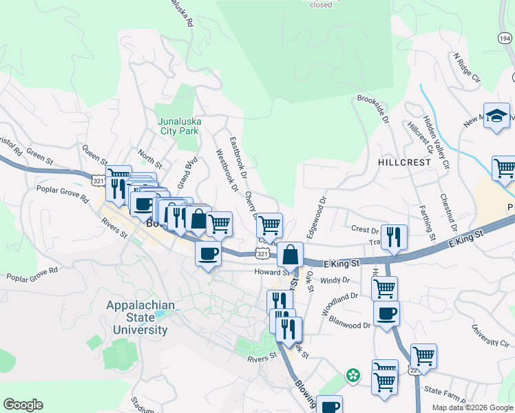 map of restaurants, bars, coffee shops, grocery stores, and more near 450 Cherry Drive in Boone