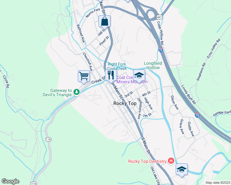 map of restaurants, bars, coffee shops, grocery stores, and more near 110 2nd Street in Rocky Top