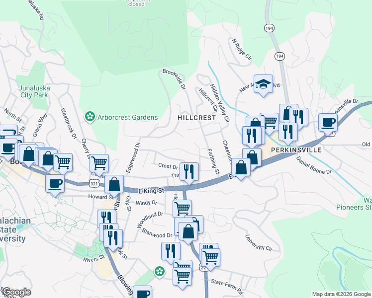 map of restaurants, bars, coffee shops, grocery stores, and more near 240 Watauga Drive in Boone