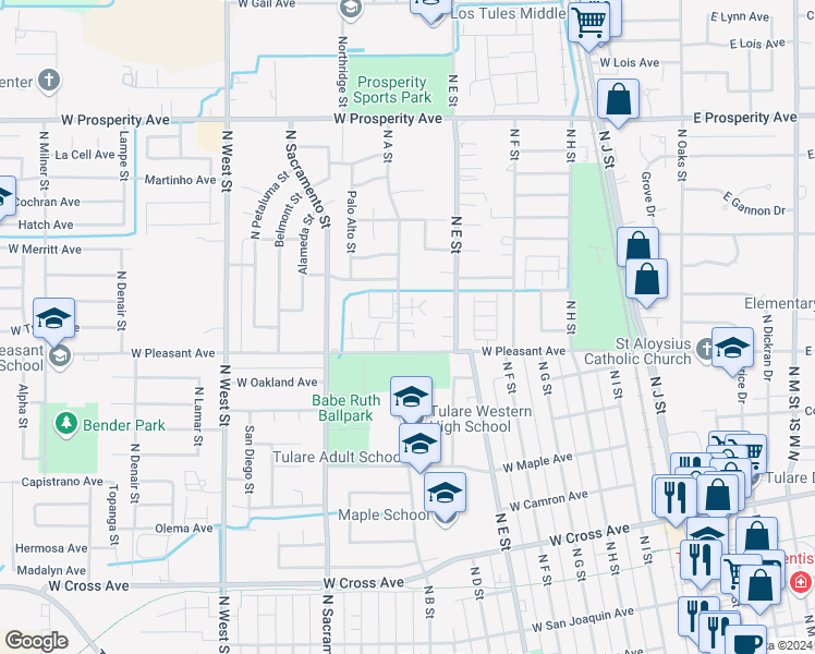 map of restaurants, bars, coffee shops, grocery stores, and more near 942 North A Street in Tulare