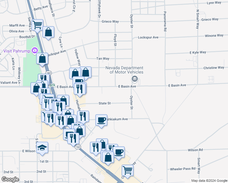map of restaurants, bars, coffee shops, grocery stores, and more near 1721 West Basin Avenue in Pahrump