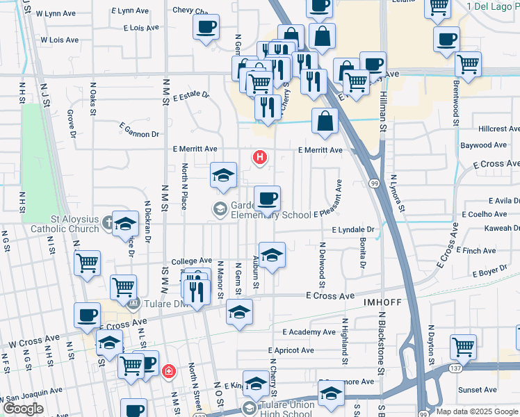 map of restaurants, bars, coffee shops, grocery stores, and more near 750 Auburn Street in Tulare