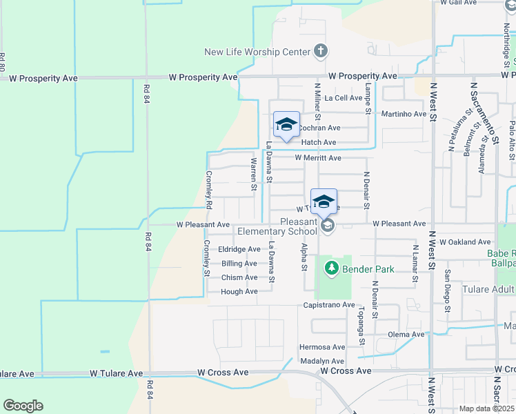 map of restaurants, bars, coffee shops, grocery stores, and more near 922 Warren Court in Tulare