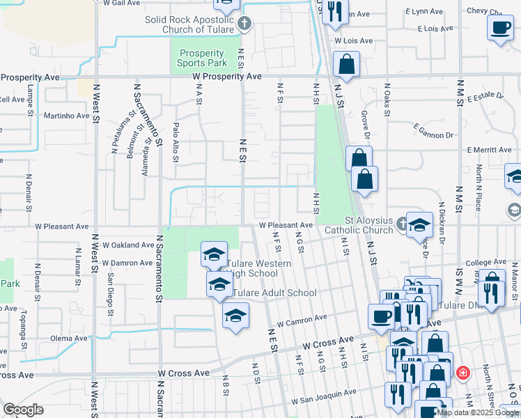 map of restaurants, bars, coffee shops, grocery stores, and more near 560 West Pleasant Avenue in Tulare